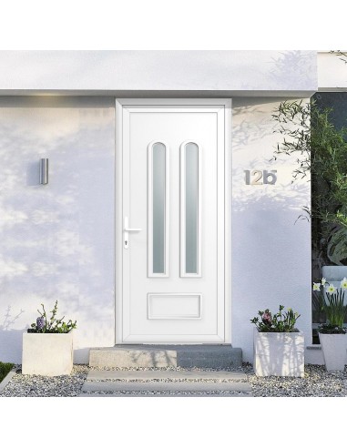 Porte d'entrée PVC vitrée sur-mesure - 2 carreaux vitrage mandalin en arche - Blanc/Gris anthracite/Chêne doré d'Europe débarque