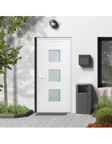 Porte d'entrée PVC vitrée sur-mesure - 3 carreaux vitrage Satiné - Blanc/Gris anthracite/Chêne doré Dans la société mordern