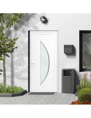 Porte d'entrée PVC vitrée sur-mesure - grand vitrage satiné demi lune - Blanc/Gris anthracite/Chêne doré commande en ligne