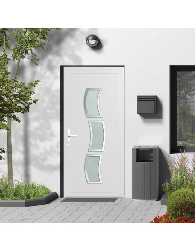 Porte d'entrée PVC vitrée sur-mesure vitrage vague Satiné et contour Inox - Blanc/Gris anthracite/Chêne doré est présent 