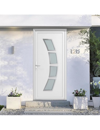 Porte d'entrée PVC vitrée sur-mesure - 4 vitrages Satiné et contour Inox Blanc/Gris anthracite/Chêne doré est présent 