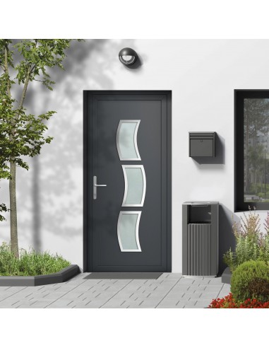 Porte d'entrée vitrée PVC gris anthracite 3 carreaux forme vague contour Inox H 218 x L 96 cm JUSQU'A -70%! 