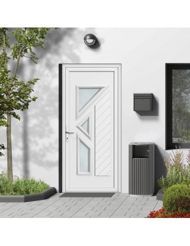 Porte d'entrée PVC vitrée sur-mesure - 3 vitrages Mandalin Blanc/Gris anthracite/Chêne doré d'Europe débarque