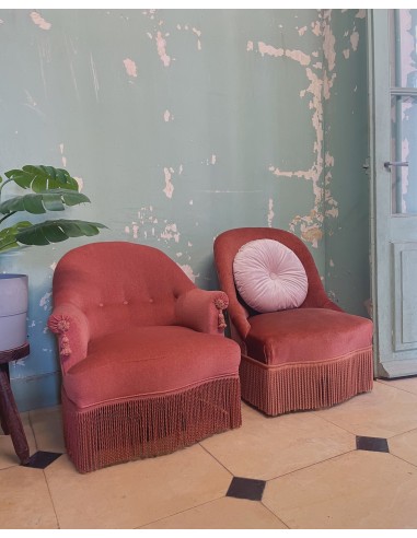 SOLD - Oud-roze boudoir fauteuil met kwastjes Les magasins à Paris et en Île-de-France